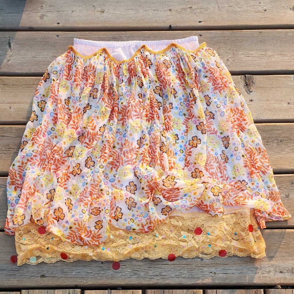 (M/L) Lapis Anthropologie Silk Skirt Knee-Length Casual Bohemian Sequins Gypsy